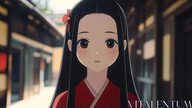 Anime portrait of kimono-clad girl in shallow-depth courtyard