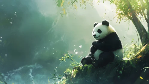 Panda resting on sunlit forest hillside edge in greenery.