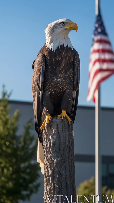 Bald eagle on urban perch in crisp afternoon backlight.