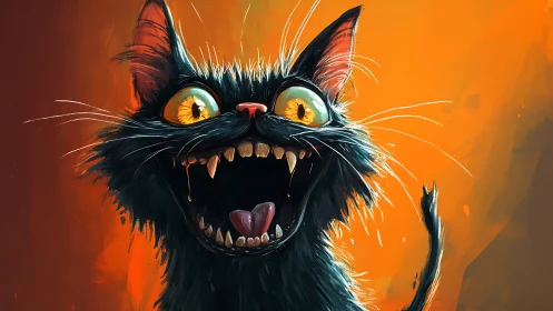 Exaggerated black cat portrait renders frenetic comic energy