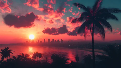 Neon dusk over palm-framed city shoreline in blazing sunset.