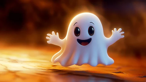 Cute volumetric-rendered cartoon ghost on warm bokeh ground