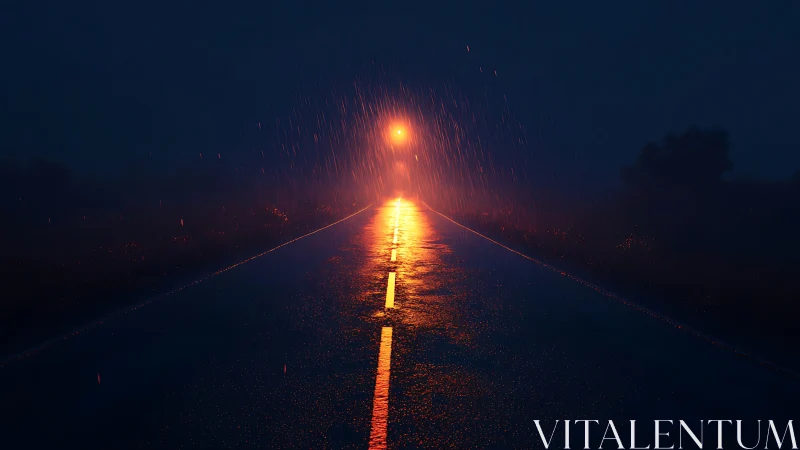 Rain-soaked highway under lone sodium streetlight glow.