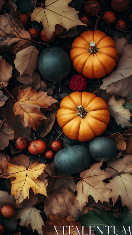 Rustic autumn pumpkins with leaves in rich moody tones.