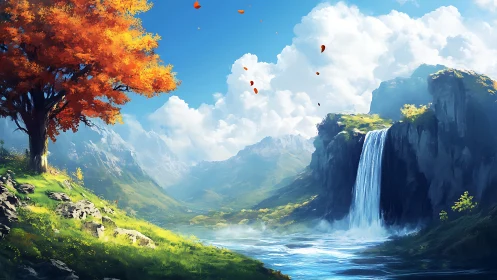 Sunlit valley waterfall and bright autumn tree daydream.