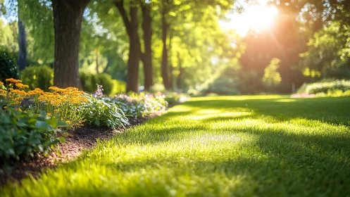Sunlit garden lawn stretches beside blooming flower border