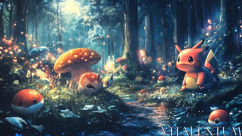 Pikachu resting in luminous forest glade with Pokéball forms.