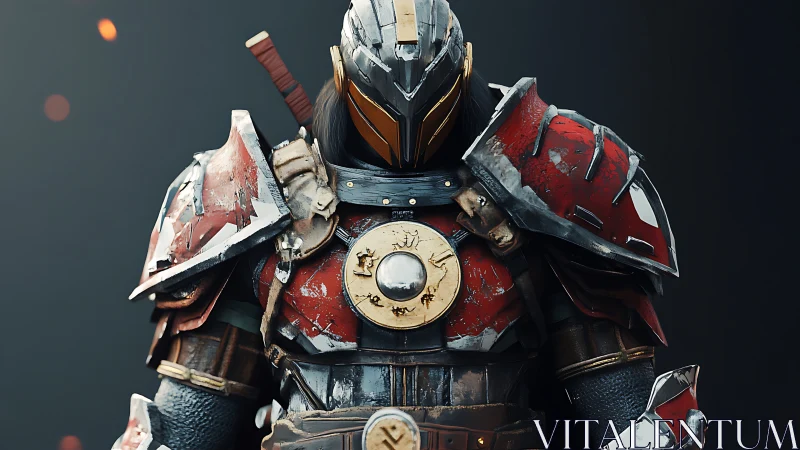 Battle-scarred crimson knight in layered plated armor.