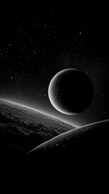 Monochrome orbital landscape with crescent moon in relief.