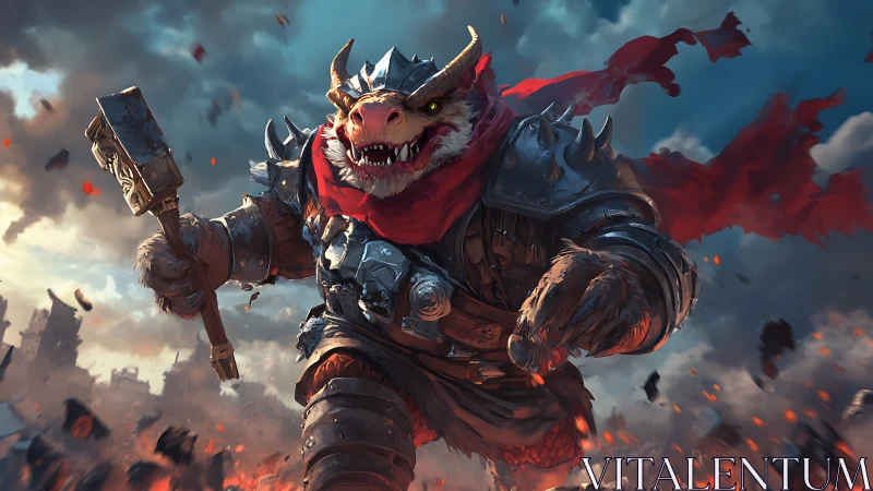 Armored dragon warrior charges through burning battlefield.