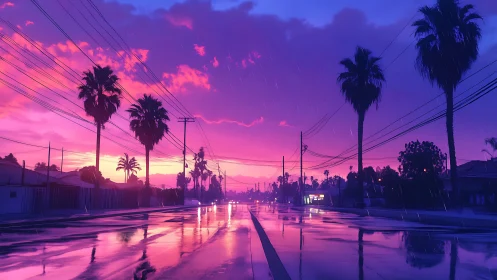 Neon rain over palm-lined suburb streets at electric dusk.