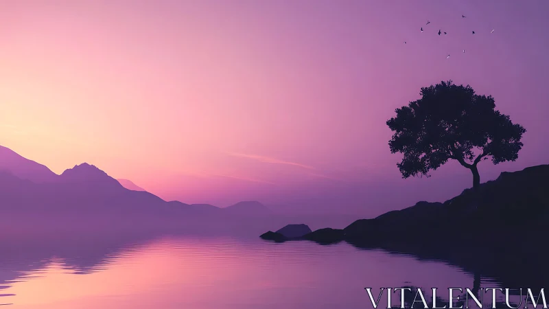 Solitary lakeside tree pauses beneath a lavender quiet sky