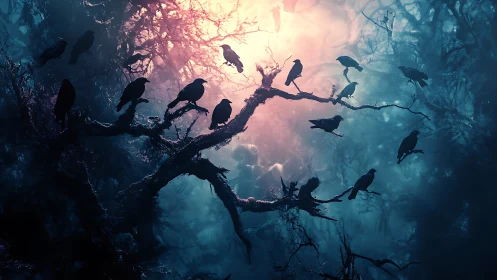 Flock of crows gathers on twisted branches at eerie dawn.