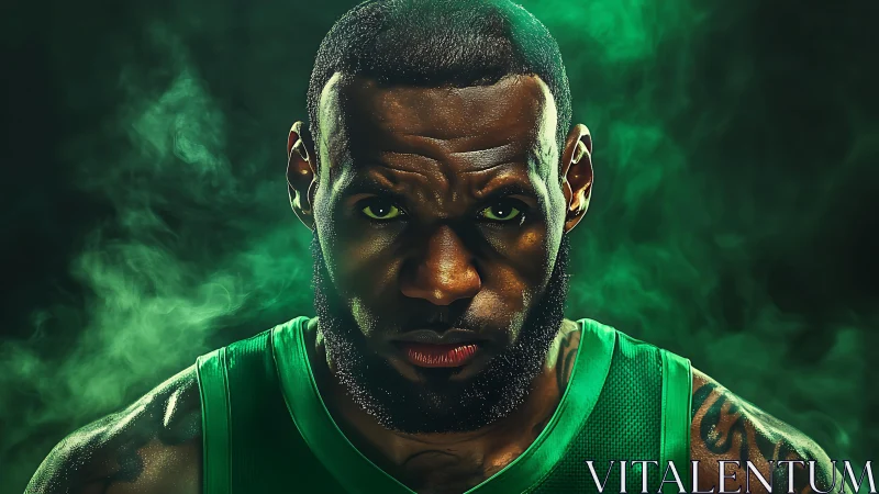 Intense basketball portrait in dramatic green studio lighting.