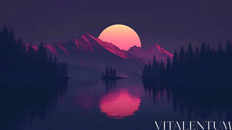 Pink sun over stylized mountains and conifer lake scene.
