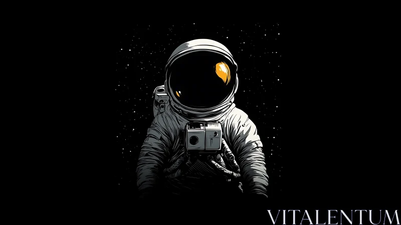 Astronaut in detailed suit holds camera against star field