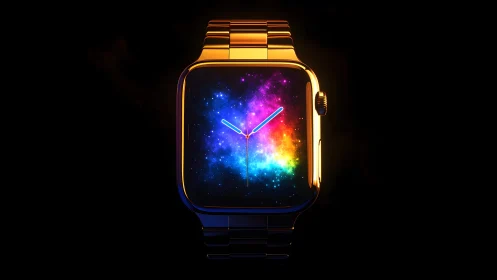 Luxurious gold smartwatch with cosmic galaxy display, digital art.