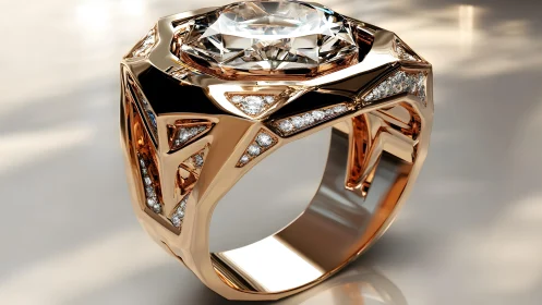 Luxurious geometric gold ring with large diamond, modern design.