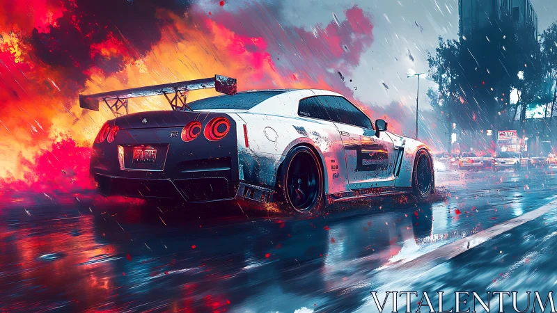 Rain-soaked street racer accelerates through neon firestorm