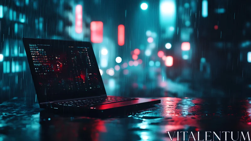Cyberpunk laptop on neon street under cinematic rain lighting.