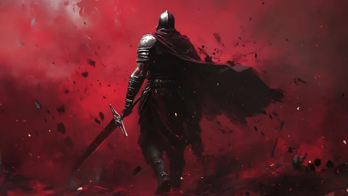 Armored knight strides through particulate red battle haze