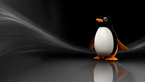 Cute 3D Cartoon Penguin on Glossy Surface with Abstract Waves.