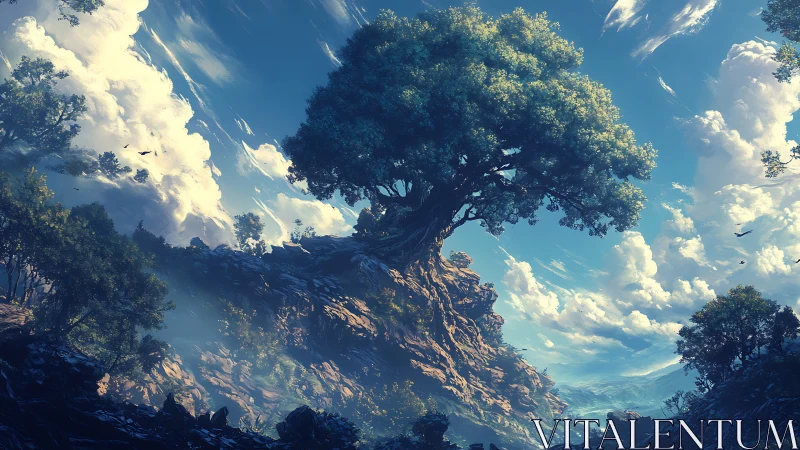 Ancient oak atop rocky ridge under dynamic cumulus sky