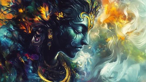 Profile of stylized blue figure in swirling abstract field.