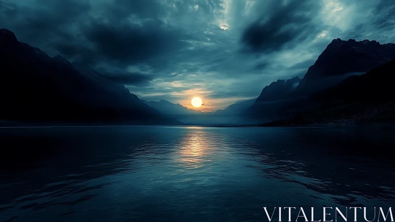 Nocturnal mountain lake horizon with reflective blue sunset.