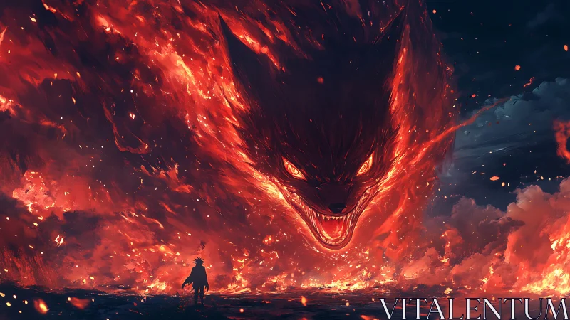 Infernal fox titan lunging from a storm of living fire.