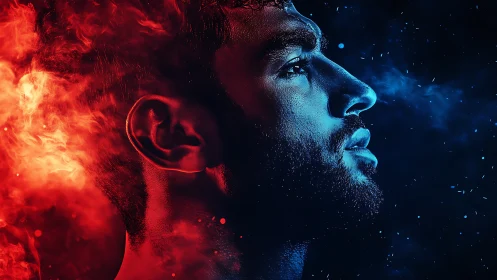 Profile portrait splits fire red and cool blue with particle haze