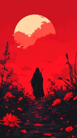 Lone wanderer treads a bloodred path beneath swollen moon.