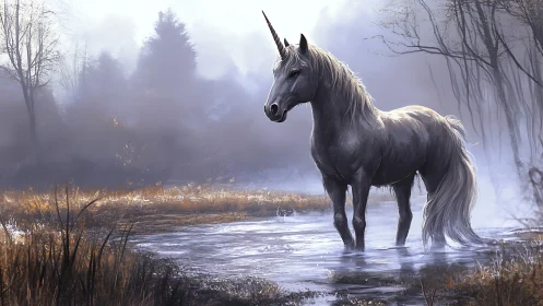 Solitary unicorn standing in a misty woodland marsh.