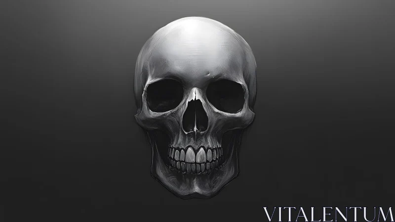 Realistic human skull digital illustration on dark background.