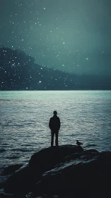 Quiet shoreline stargazer standing beneath falling night.