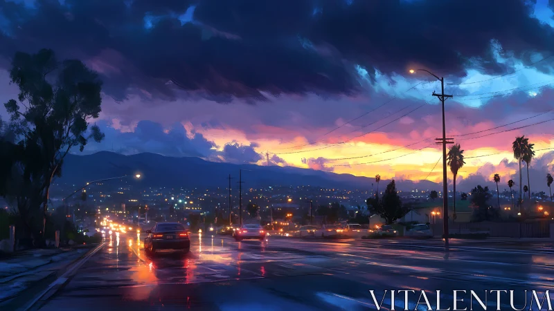 Urban dusk boulevard under stormy cinematic neon sky.