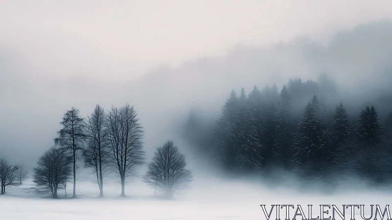 Snow-covered trees stand in dense winter fog over valley