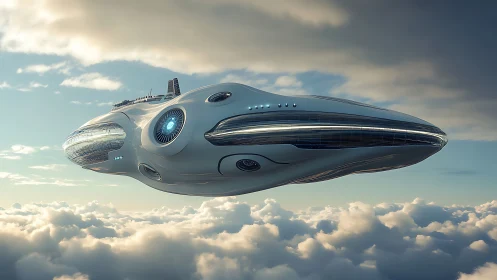 Futuristic aerospace cruiser glides above clouds in soft daylight