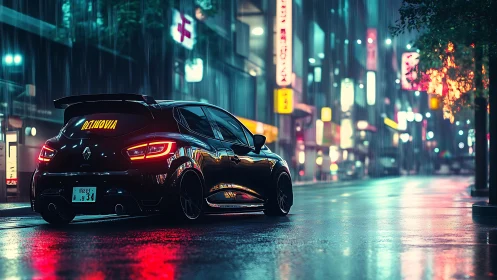 Modified hatchback is parked on wet neon city street at night