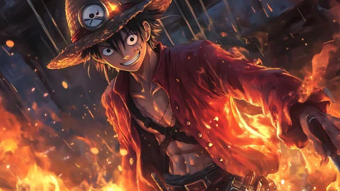 Straw hat anime pirate in flames with intense stance.