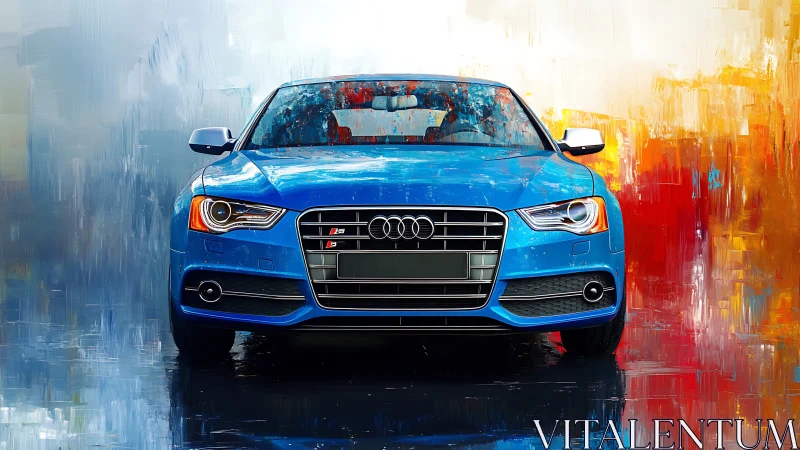 Blue sports car front view on bold abstract background.