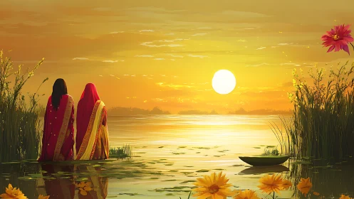 Sunset sisters in saffron sarees by a whispering river.
