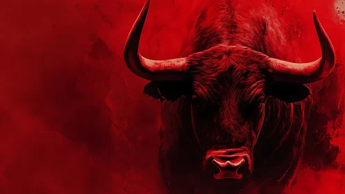 Powerful red bull steps forward through bold crimson haze