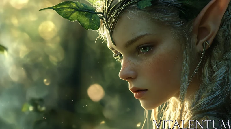Forest elf portrait in luminous green bokeh glow.