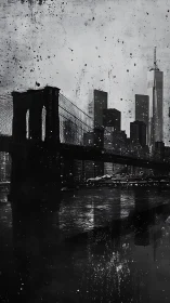 Noir-styled Brooklyn Bridge cityscape rendered in monochrome ink