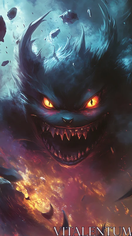 Digital painting of infernal cosmic demon with blazing eyes.