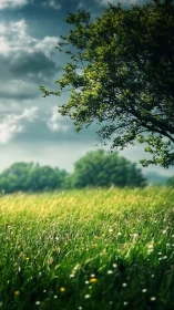 Tree on grassy meadow under cloudy daytime sky. Period.