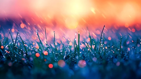 Macro rain-lit grass under glowing sunset bokeh field.