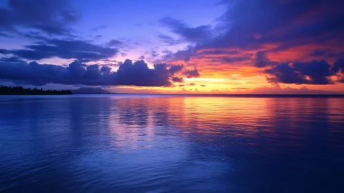 Twilight ocean horizon glows under vivid purple sunset sky