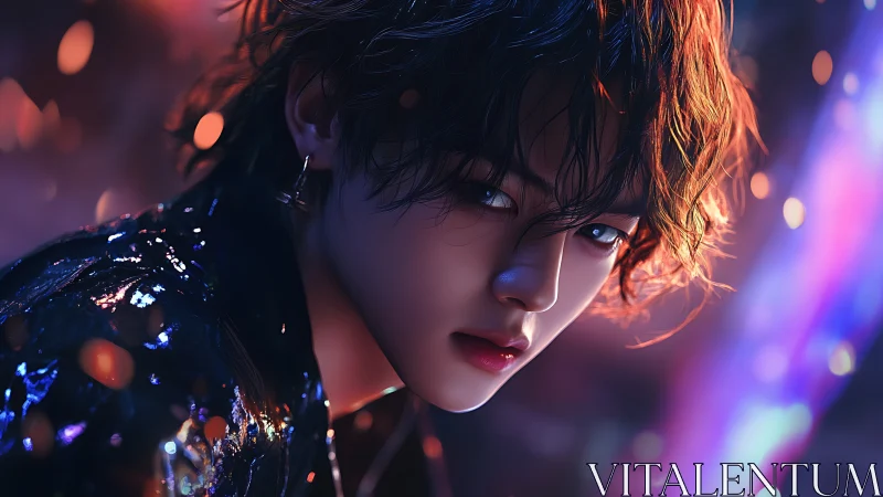 Moody neon portrait of youthful figure in cinematic close-up